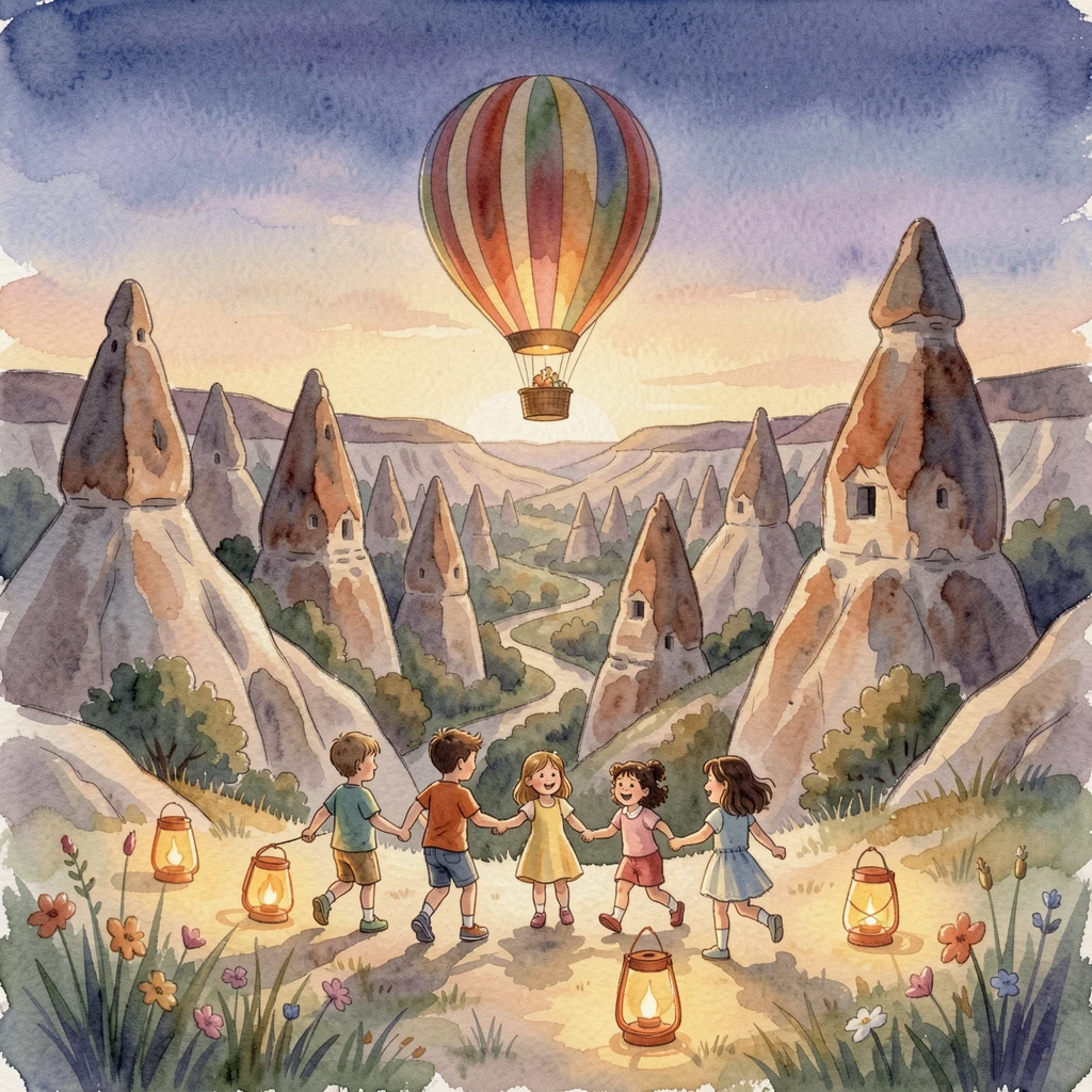 A hot air balloon rising over a valley of fairy chimneys as lanterns are lit at dusk with children playing nearby.