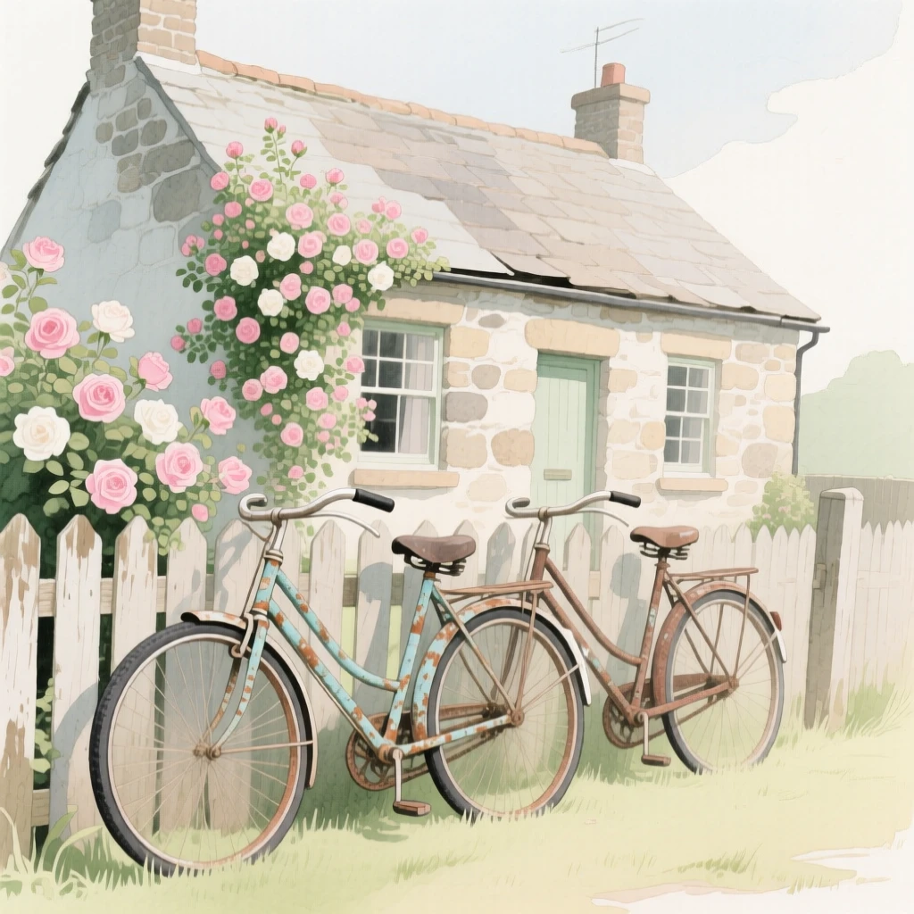 A pair of old bicycles lean against a fence in front of a cottage covered in climbing roses