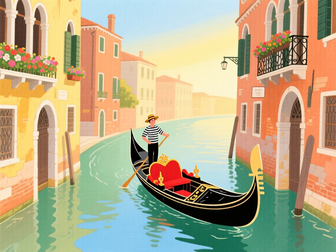 A gondola gliding through the canals of Venice, glowing in warm afternoon light.