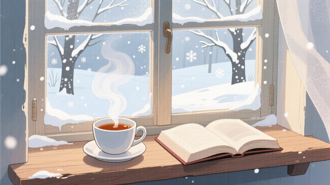 A steaming cup of tea resting beside an open novel on a windowsill overlooking falling snow, with steam curling gently upward, capturing the simple joy of a slow morning.
