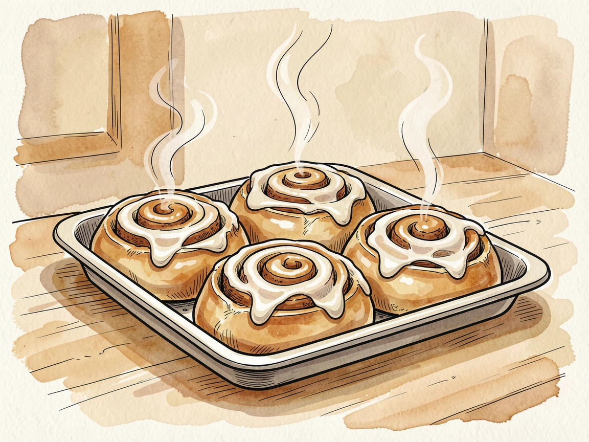 A tray of freshly baked cinnamon rolls drizzled with icing, steam curling gently into the warm kitchen air.