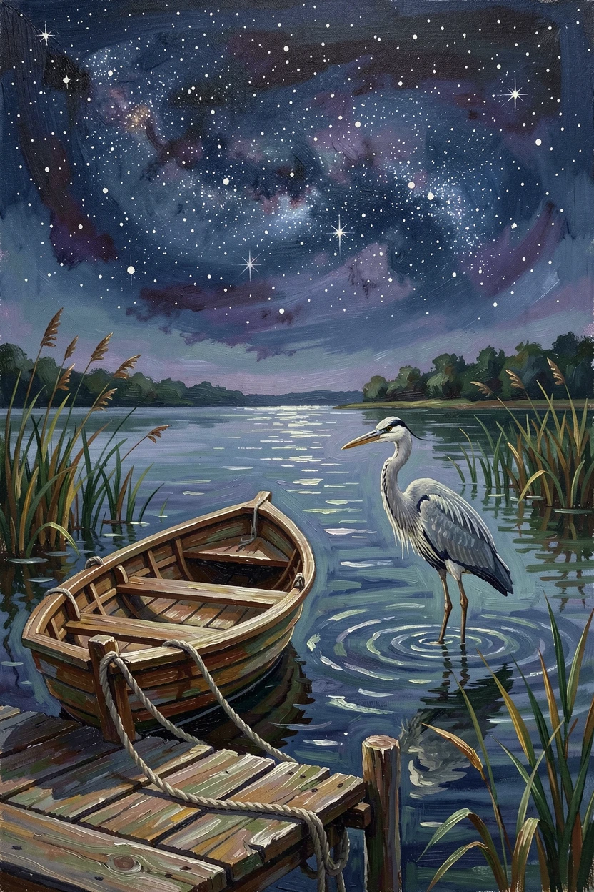 A small wooden rowboat tied to a dock, a heron wading silently through the shallows, beside reeds swaying gently at the water's edge, under a canopy of stars, the water rippling faintly.