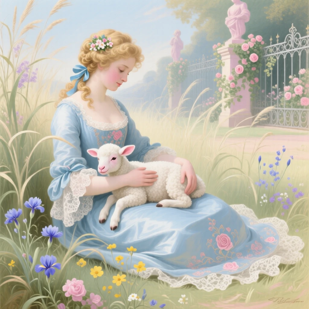 A young woman with a pet lamb resting in tall grass  