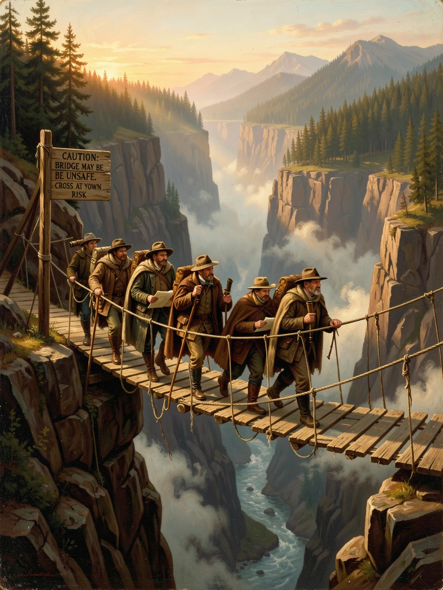 A group of adventurers crosses a rope bridge over a deep canyon.
