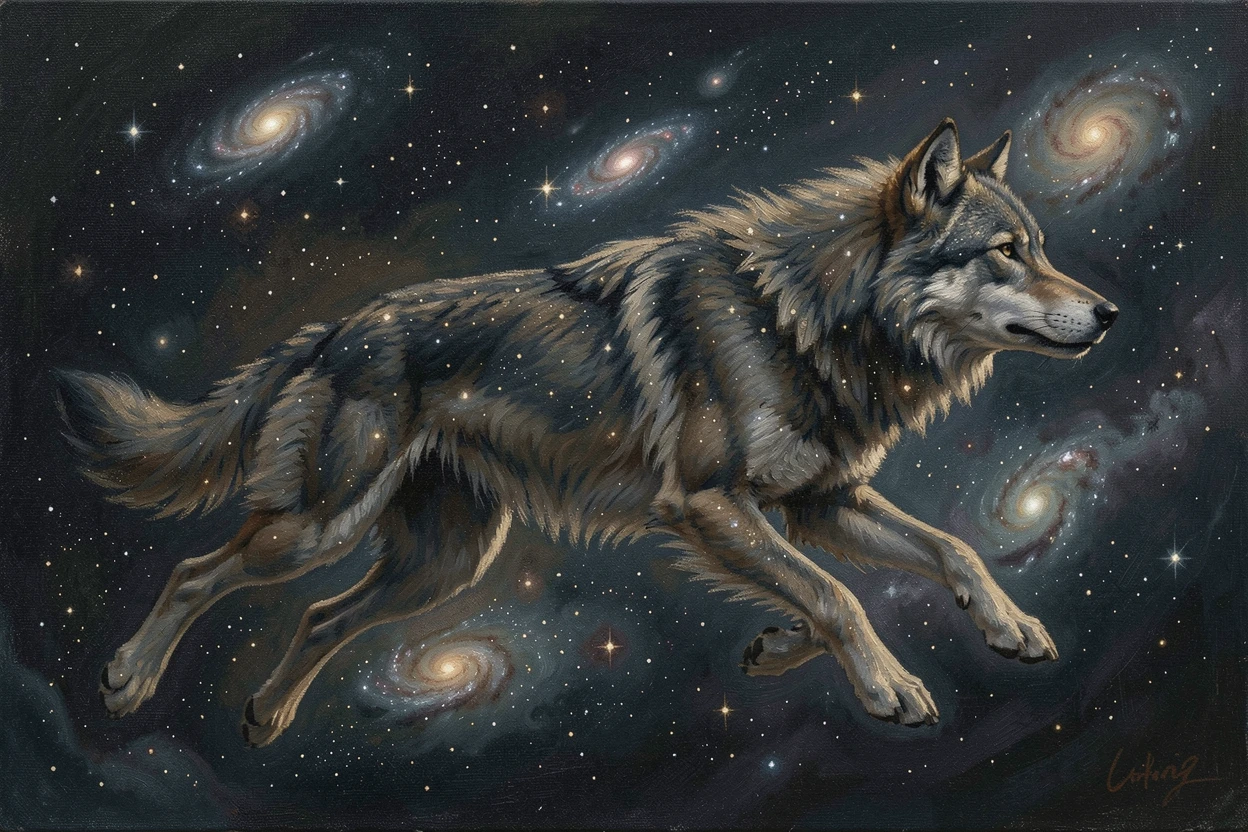 A celestial wolf constellation come to life, running across a starlit sky, rendered with photorealistic detail to feel genuinely believable, creating a scene that feels both magical and entirely believable