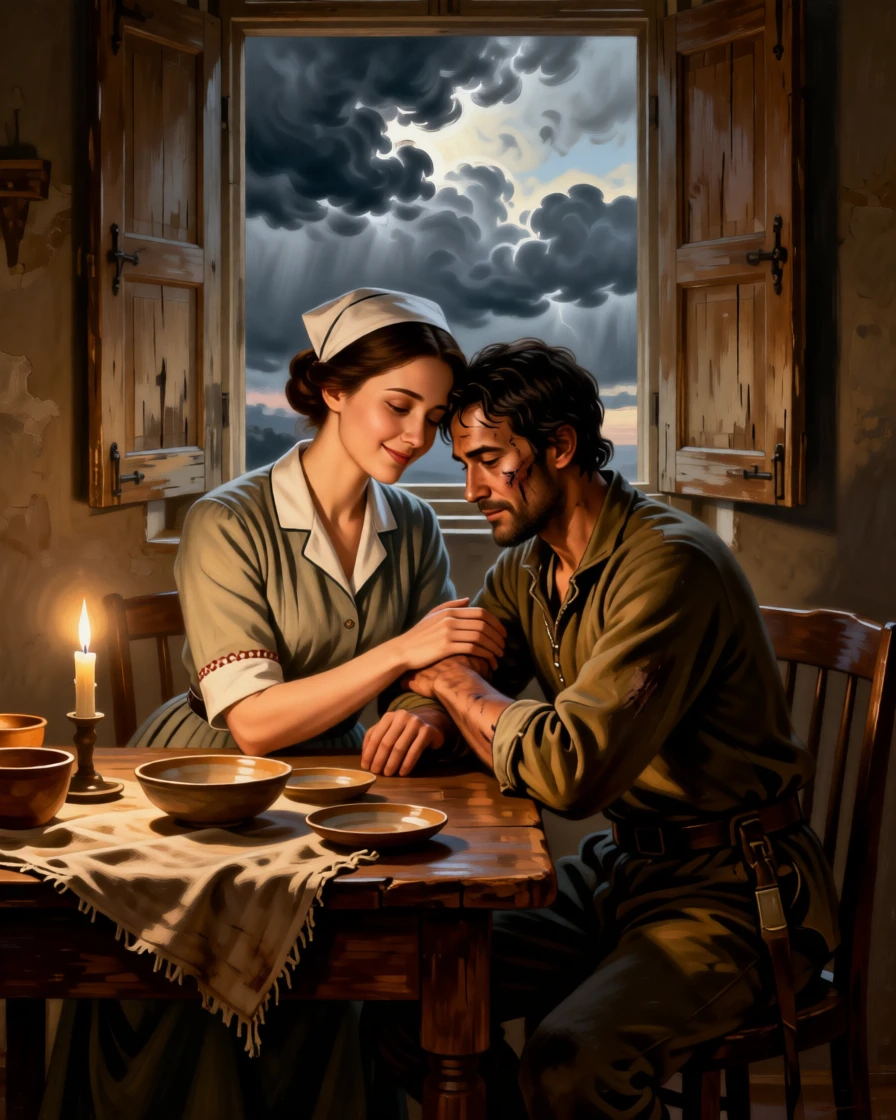 A nurse comforting a wounded soldier in a candlelit ward just as relief washes over every face, set at a rustic kitchen table set for an unexpected guest, with storm clouds parting just behind the embracing figures; the composition uses negative space to emphasize the distance just closed, aching with bittersweet longing and hard-won joy.