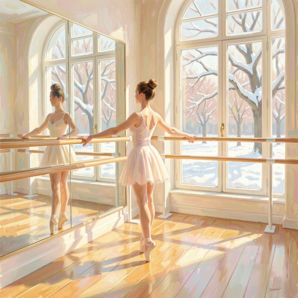 A dancer stretching at a ballet barre in a sunlit studio, her reflection doubled in tall mirrors, under a fresh blanket of snow, filled with warmth and nostalgia.