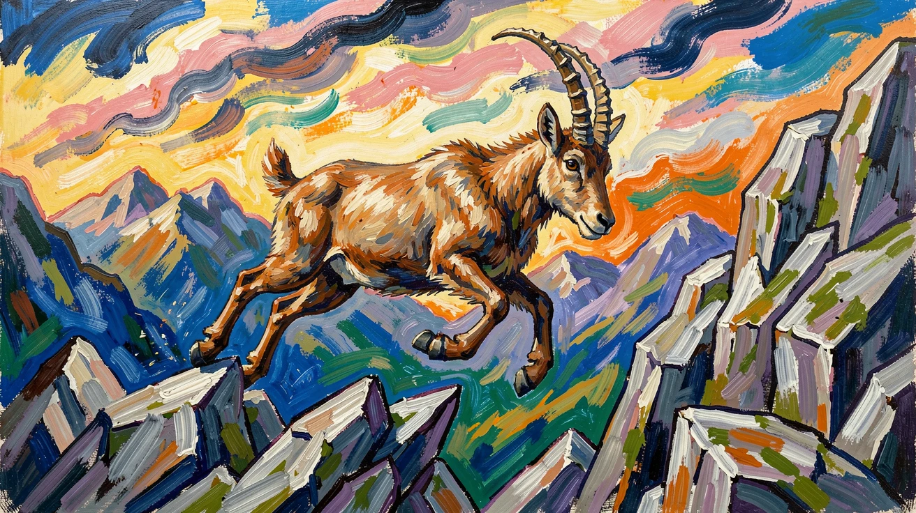 A wild ibex leaping between rocky outcrops high in the mountains.