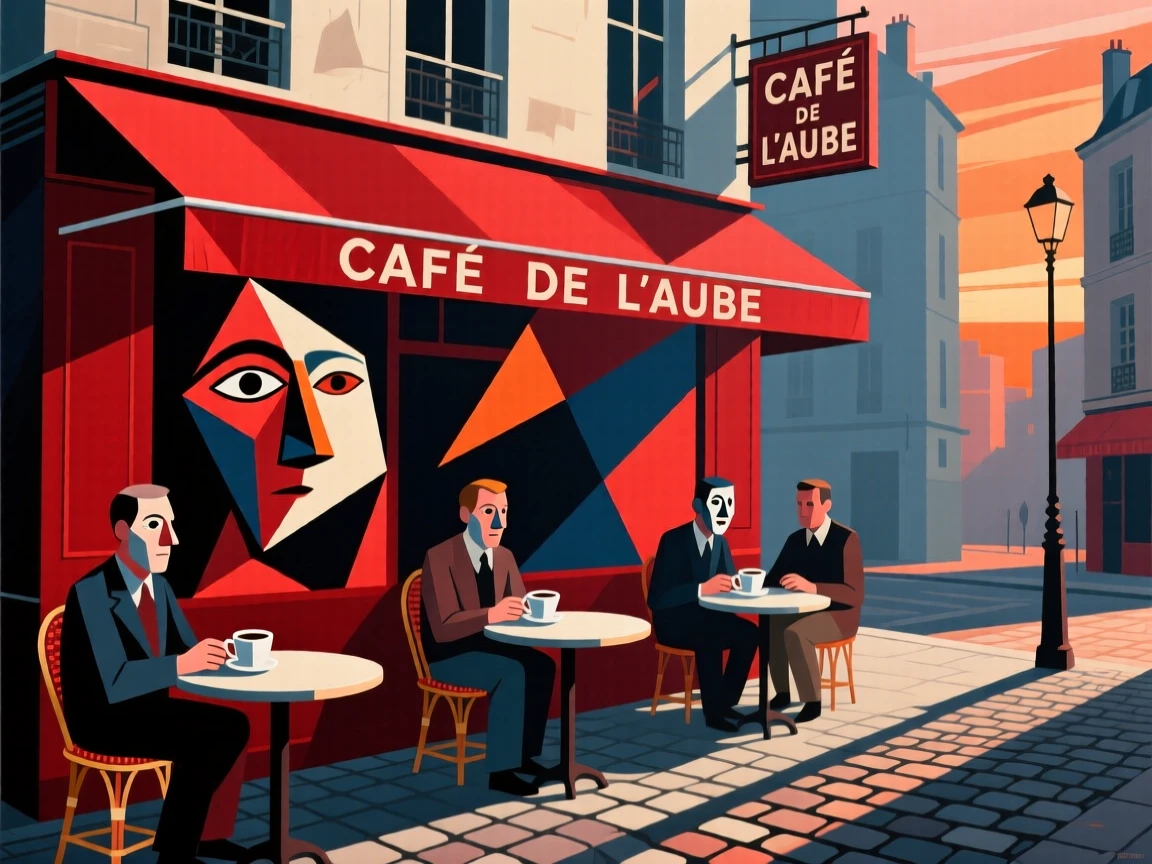 A quiet Parisian café with patrons sipping coffee beneath red awnings at dawn.