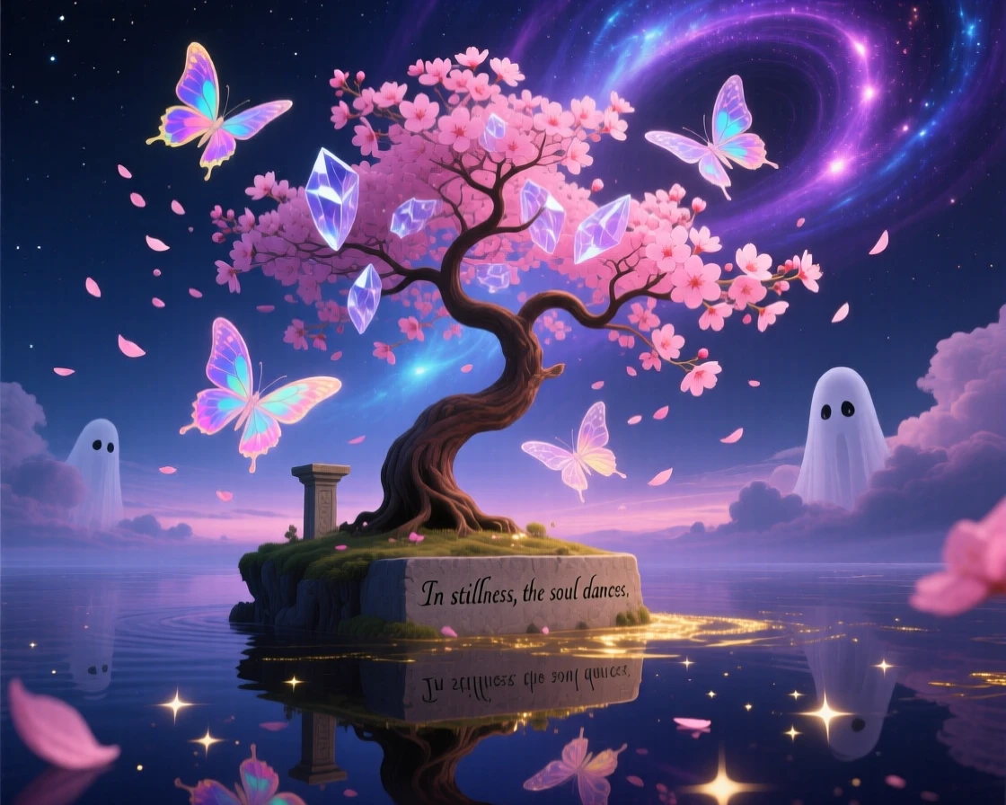 A cherry blossom tree shedding petals that turn into butterflies sways gently though no wind can be felt, as petals fall slowly, spinning like tiny dancers.
