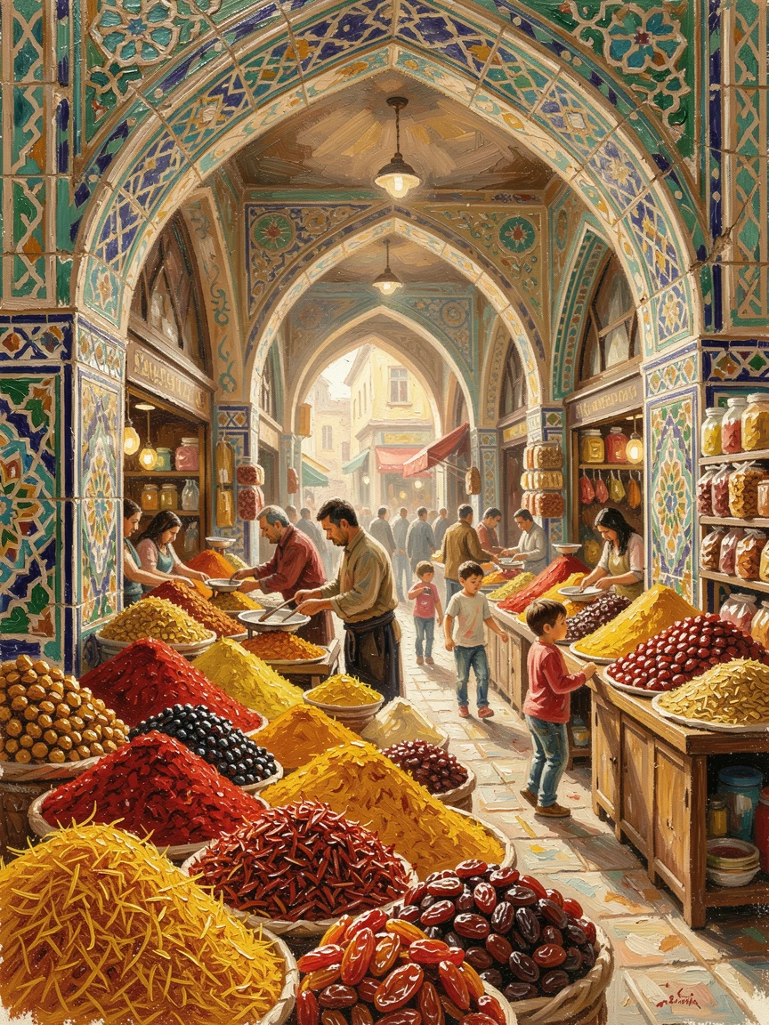 A bustling spice market in Istanbul overflows with colorful piles of saffron, paprika, and dried fruit beneath ornate tiled archways, distant figures going about their day, lending the scene a sense of genuine daily life.