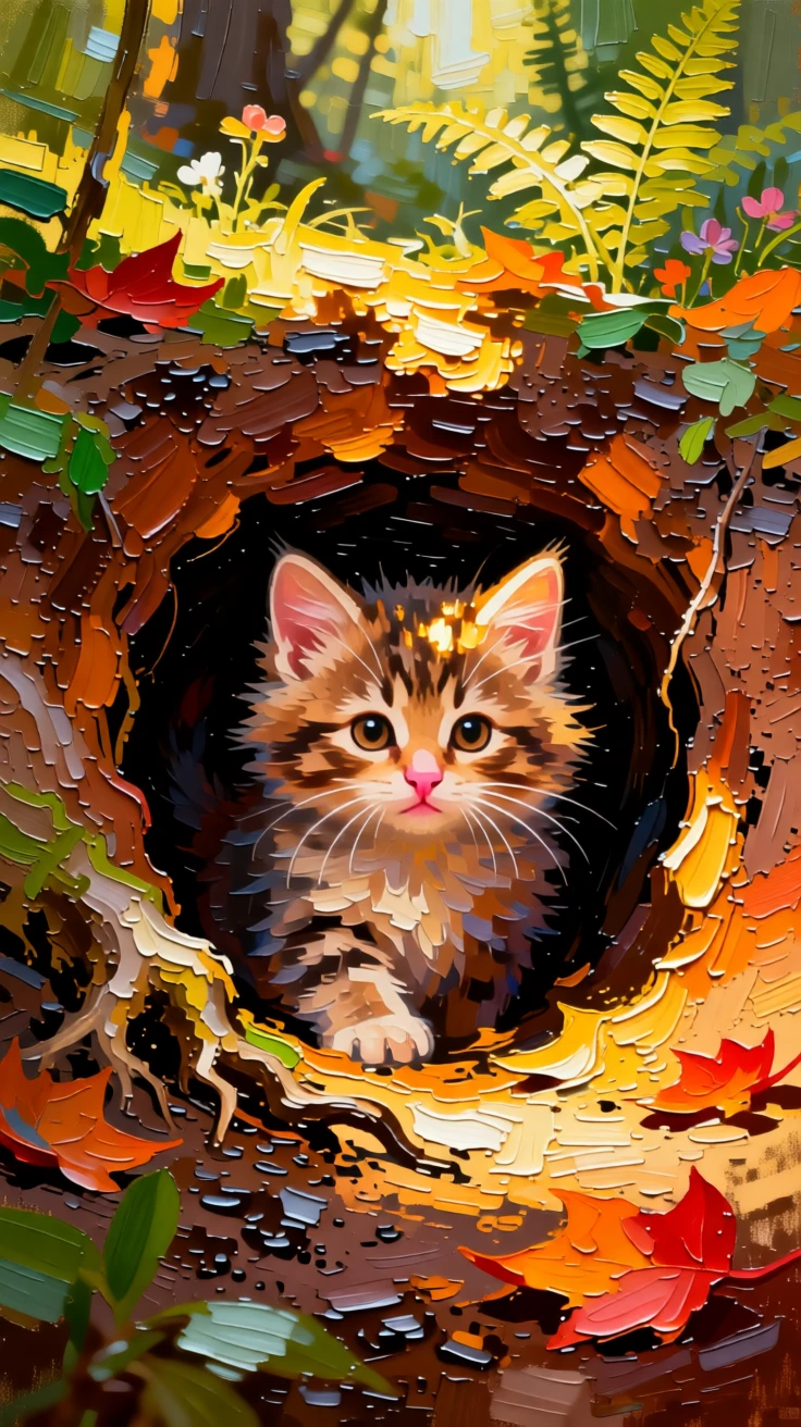 A heartwarming photo of a kitten peeking out curiously from a burrow entrance