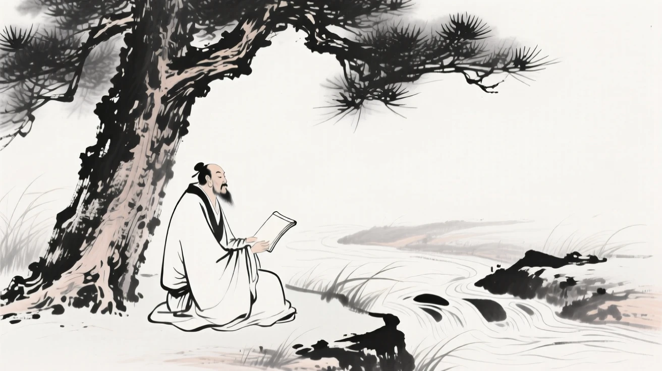 A scholar sits beneath a pine tree reading beside a mountain stream, as a gentle wind stirs the surrounding grass.