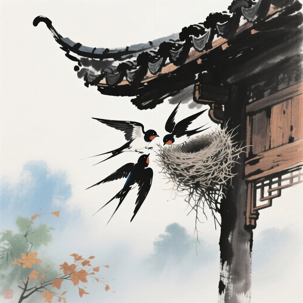 A pair of swallows building a nest beneath an eave, through swirling morning fog, in late autumn, at midday.
