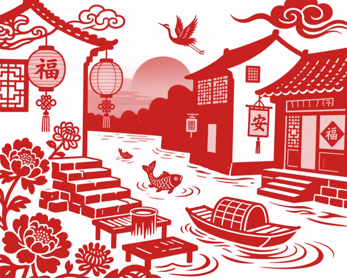A riverside village at dusk with stone steps leading down to washing platforms, lanterns beginning to glow