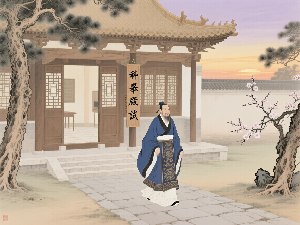 An ancient scholar arriving at an imperial examination hall at dawn