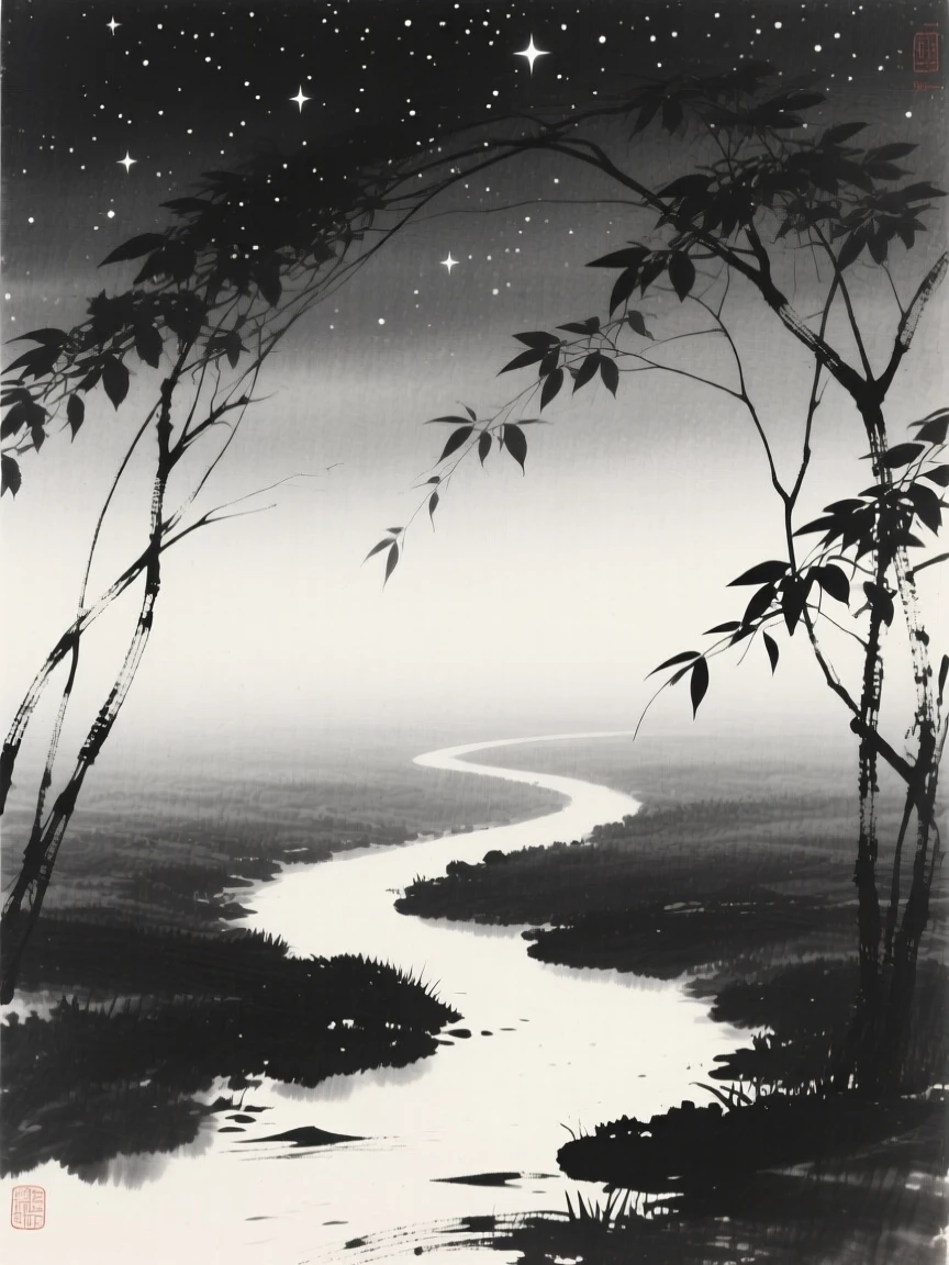 A quiet path disappearing into distant fog beneath a canopy of quiet stars, framed with soft, diffused light throughout, suggesting quiet longing and gentle stillness.