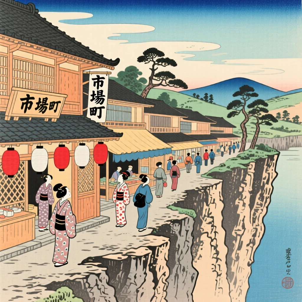 A covered wooden market street perched dramatically above a steep cliff.