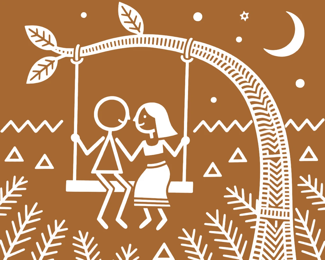 Two sweethearts sitting together on a swing at dusk.