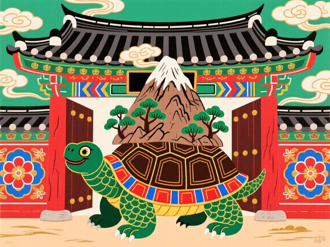 A powerful depiction of an ancient turtle carrying a mountain on its back standing guard at a temple gate.