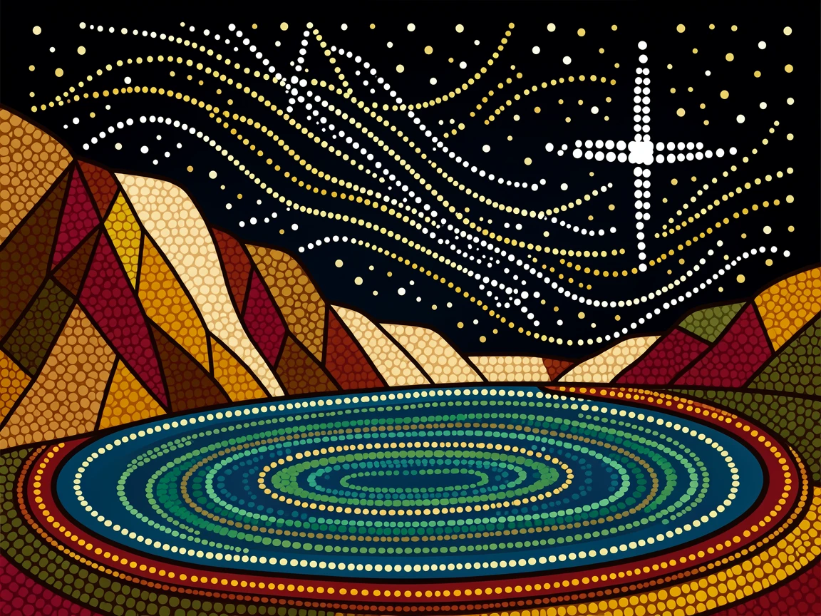 A cliff-bound lagoon beneath a starry night sky