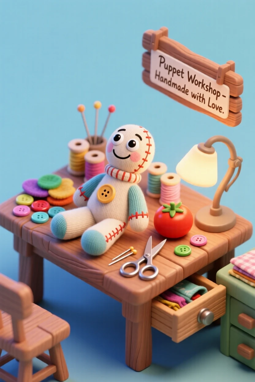 A puppet-making workshop with felt and buttons being sewn into character faces, a half-finished sock puppet on a worktable.