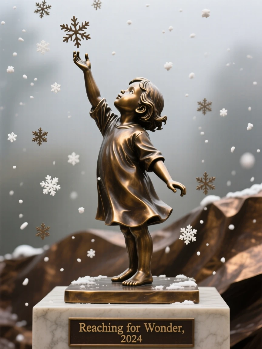 A child reaching up to touch falling snow, framed by an atmospheric, misty backdrop, forming a strong central focal point