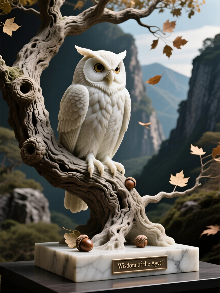 A vivid, emotionally rich scene of a wise old owl perched in an ancient oak, framed by dramatic natural scenery, designed to captivate and inspire
