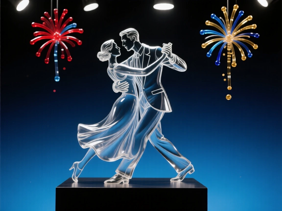 As the crowd sways gently to the rhythm of the music, a tango couple locked in a dramatic pose mid-dance, while distant fireworks light up the night sky