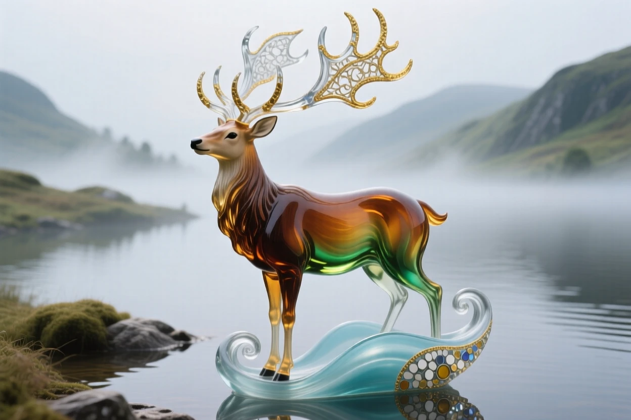 A grand stag standing at the edge of a misty highland loch, noble and serene.