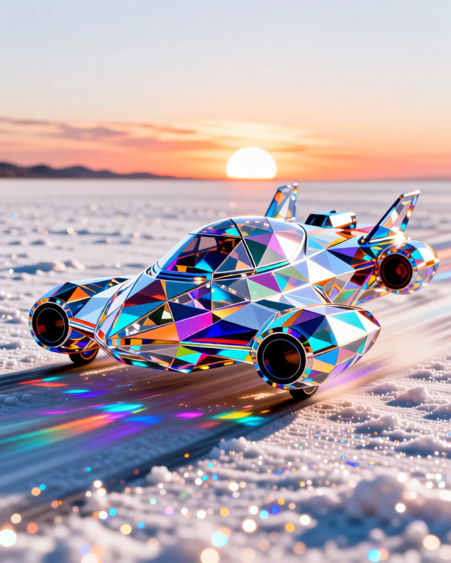 A futuristic hovercraft racing across a shimmering salt flat at sunset.