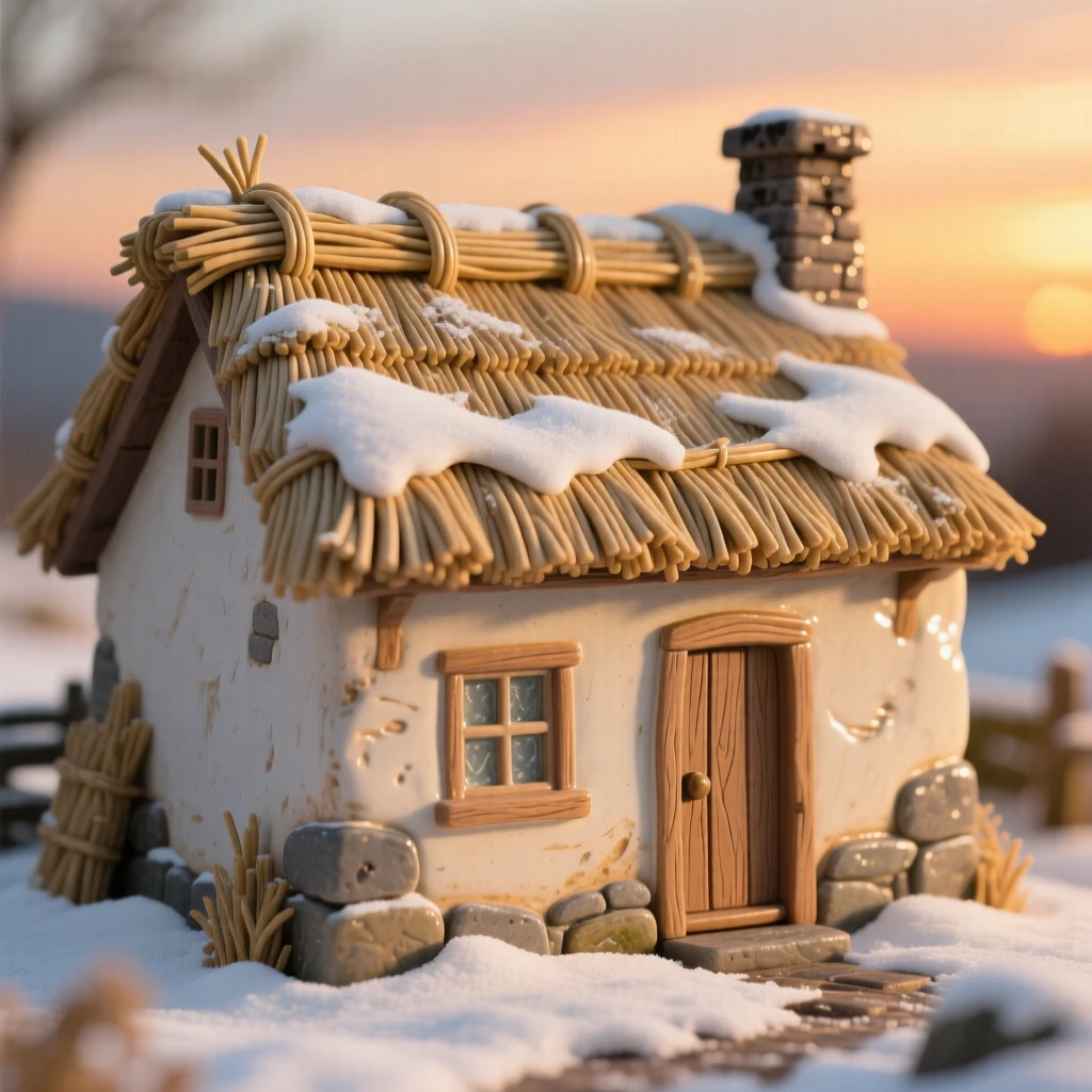 A quaint countryside cottage with a thatched roof captured in the soft glow of sunset, dusted lightly with fresh snow, radiating peaceful, storybook charm.