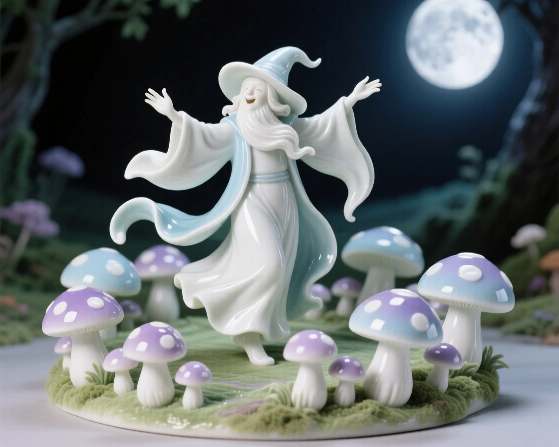 A whimsical scene of a wandering wizard dancing in a ring of toadstools in a moonlit fairy glen.