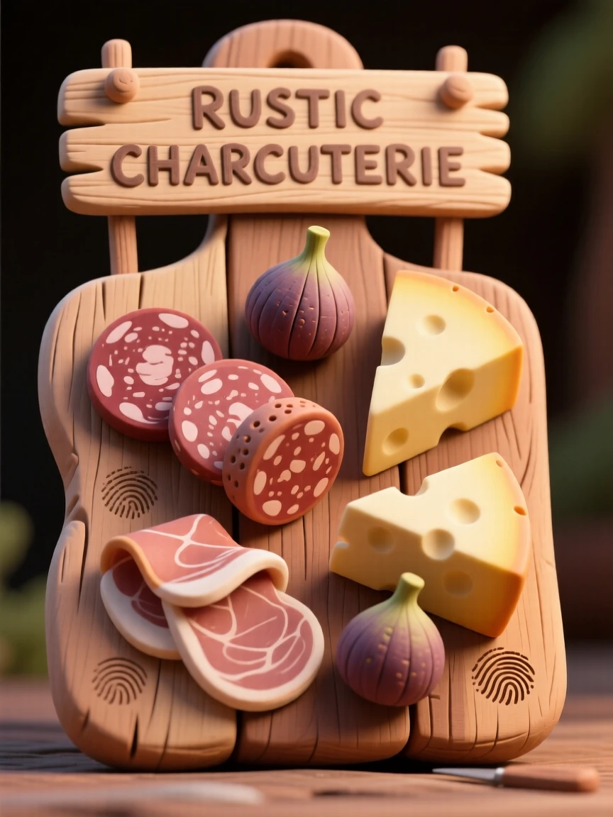 A rustic charcuterie board arranged with meats, cheeses, and figs