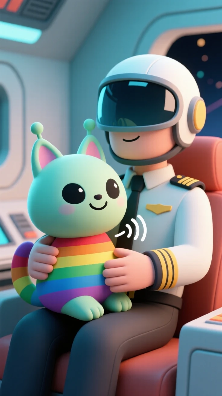 A cheerful alien pet with rainbow fur purrs contentedly on a spaceship captain's lap during a long voyage.