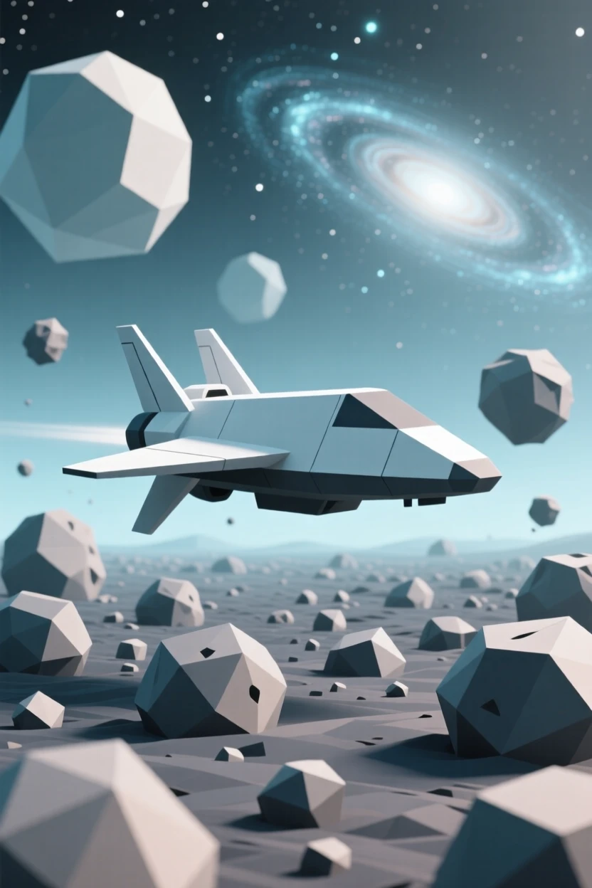 A spacecraft gliding past a field of asteroids, beneath the soft glow of distant galaxies. the scale of the scene emphasizes its vastness and wonder. There is a dreamlike, otherworldly quality to the moment.