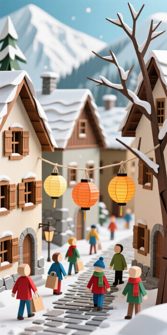 A snow-dusted alpine town bustling with life at midday, with lanterns swaying gently in the breeze, conveying vibrant local energy.