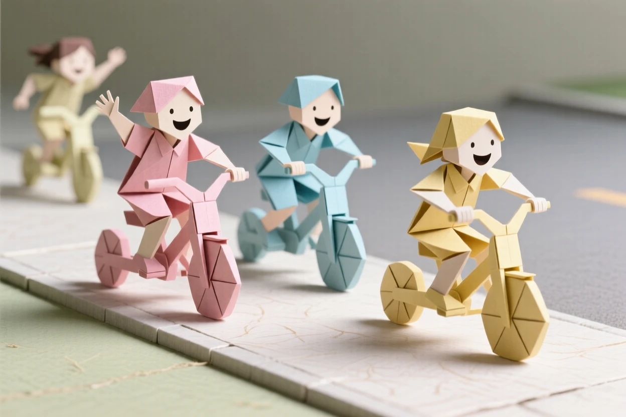 A group of children racing tricycles down a driveway, laughter caught mid-motion.