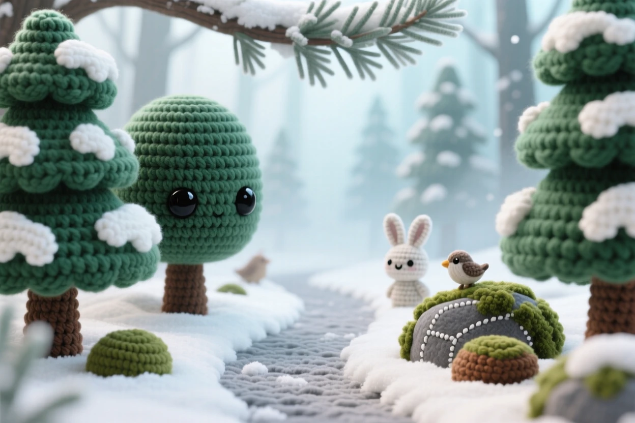 A tranquil view of a snow-dusted pine forest, glittering softly in the winter light, with a narrow path cutting through, under a canopy of soft morning mist, with a cluster of soft mossy rocks, evoking peaceful, untouched natural beauty.