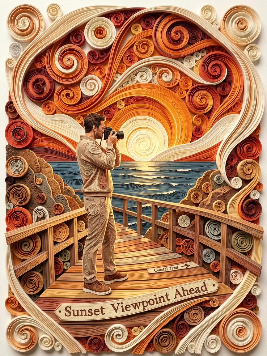 A relaxed modern lifestyle scene of a photographer capturing a sunset from a cliffside along a scenic coastal boardwalk, in warm neutral tones of beige and terracotta, framed with a vibrant, energetic sense of movement.