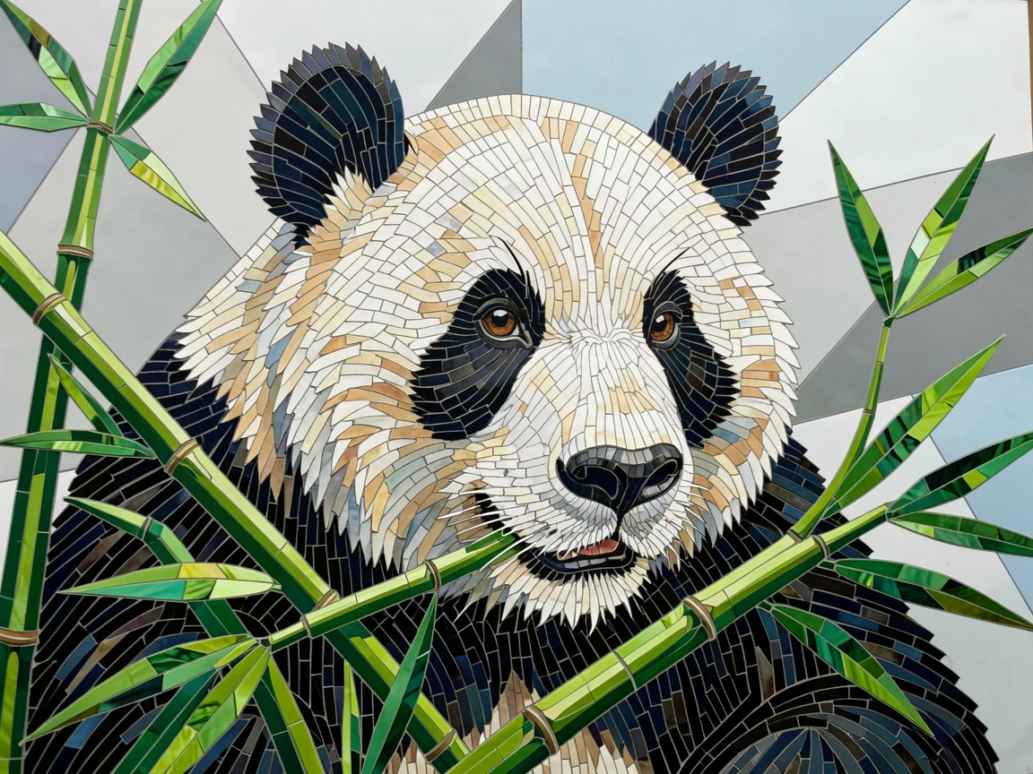 A close-up portrait of a giant panda munching on bamboo in a misty forest, showing rich fur or feather detail and expressive eyes.