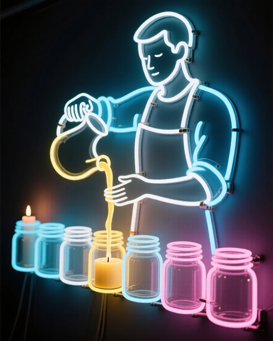 A candle maker pouring wax into a row of glass jars.