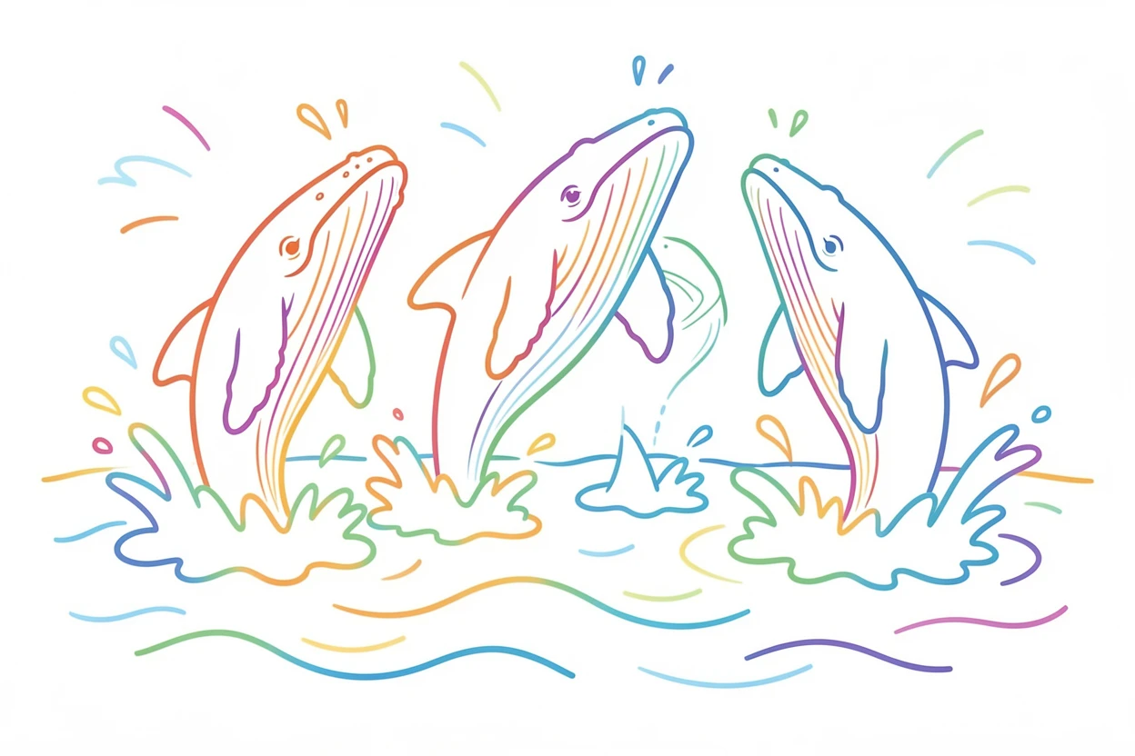 A pod of humpback whales breaching together in open ocean water.