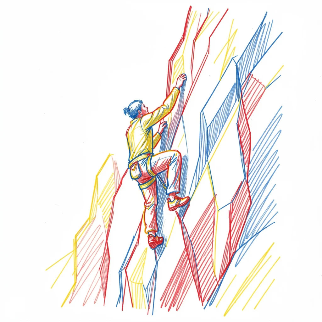 A rock climber reaching for a hold high on a sheer granite cliff face