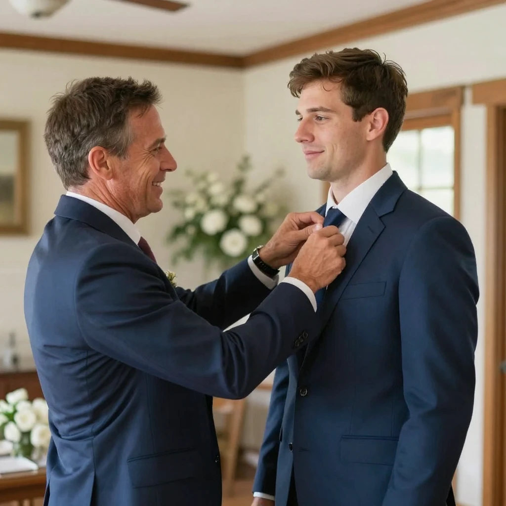 A best man straightens the groom's tie moments before the ceremony begins.