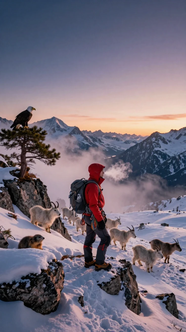 A mountaineer watching wildlife roam free at dawn high in the snow-capped mountains