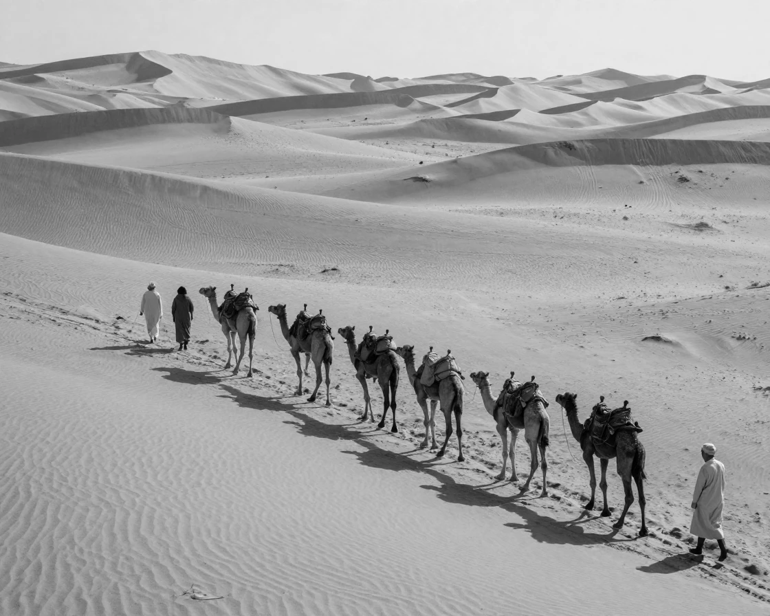 A camel caravan crosses vast rippling sand dunes in the Sahara desert.