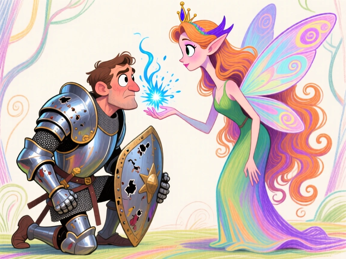 A brave knight kneeling before a fairy queen to receive an enchanted blessing.