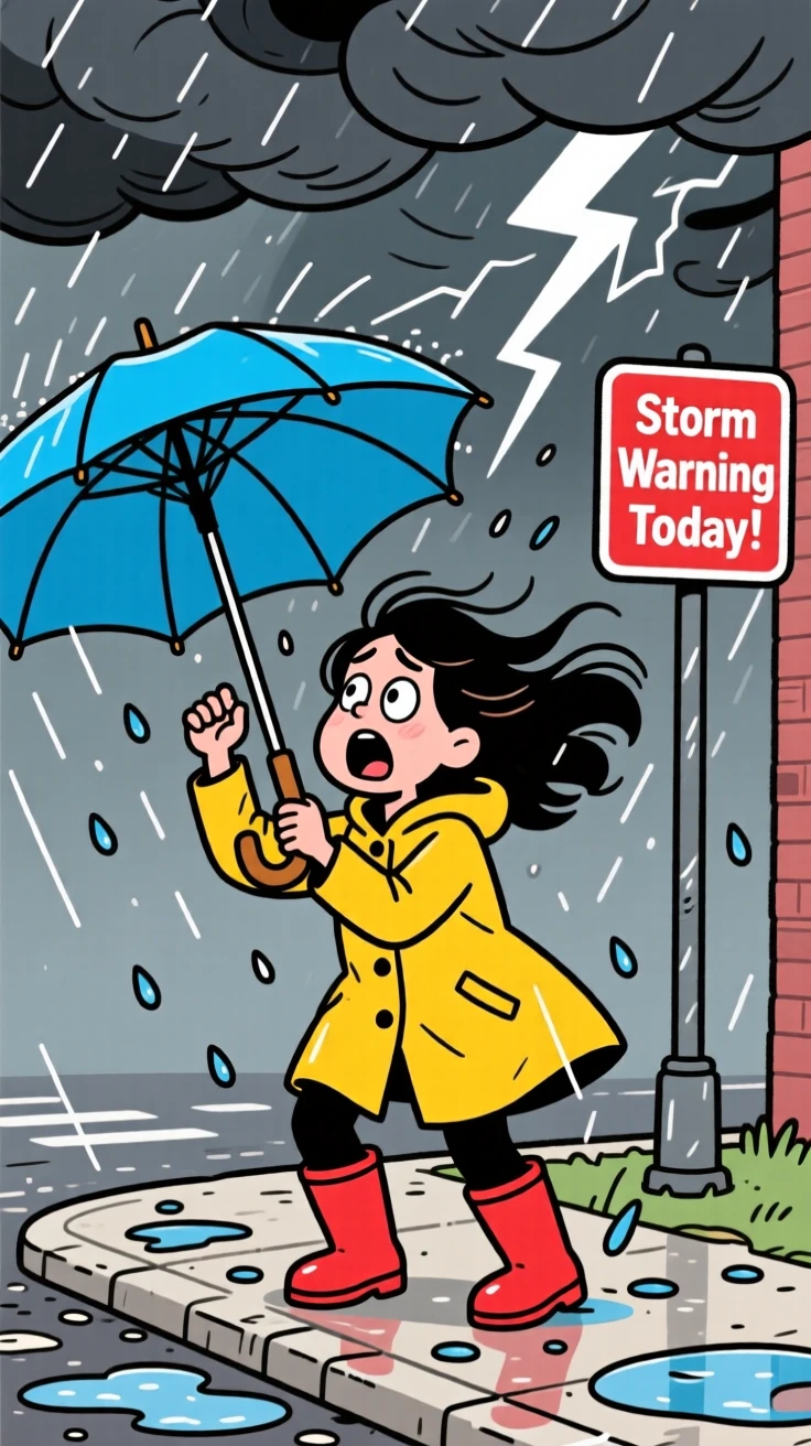 A funny expressive moment showing a woman fumbling an umbrella inside out during a storm, with a look of pure comic disbelief.