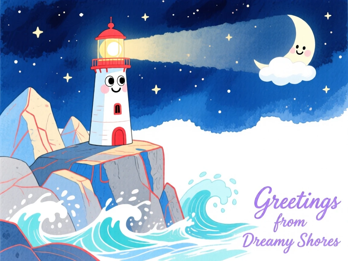 A dreamy travel postcard scene of a lighthouse on a rocky cliff overlooking crashing waves under a starry night sky